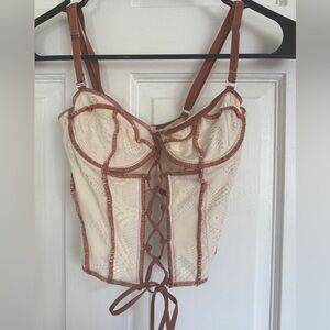 Cream and Brown Lace-Up Corset Top
